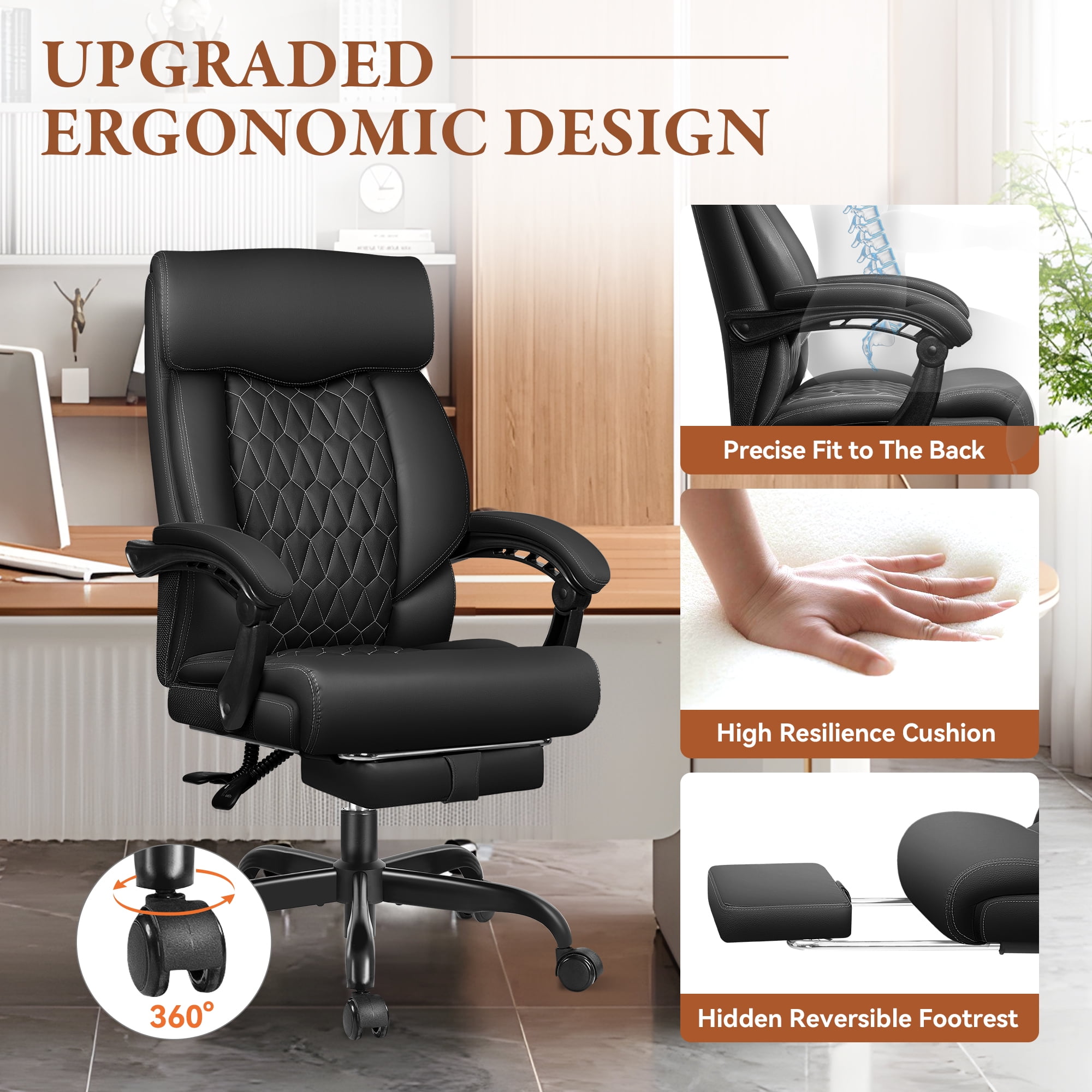 FASTES Executive Office Chair, Ergonomic Desk Chair with Adjustable Armrests, Big and Tall Office Chair Computer Leather Chair with Footrest and Lumbar Support, Black