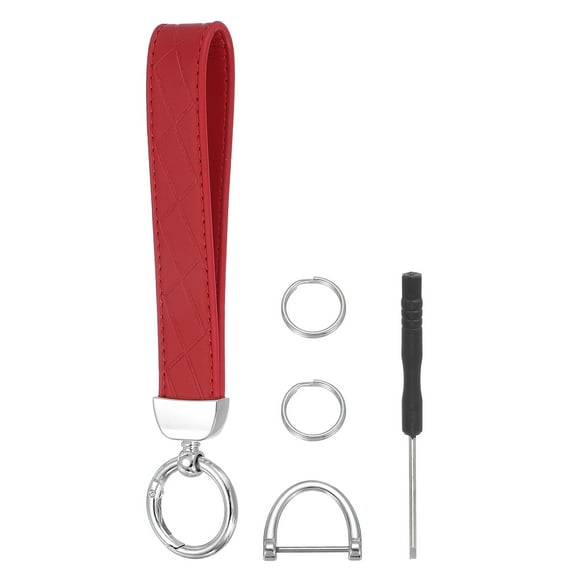 Leather Wristlet Keychain Car Key Chain Wristlet for Women, 7" Key Fob Holder, Silver Tone/Red