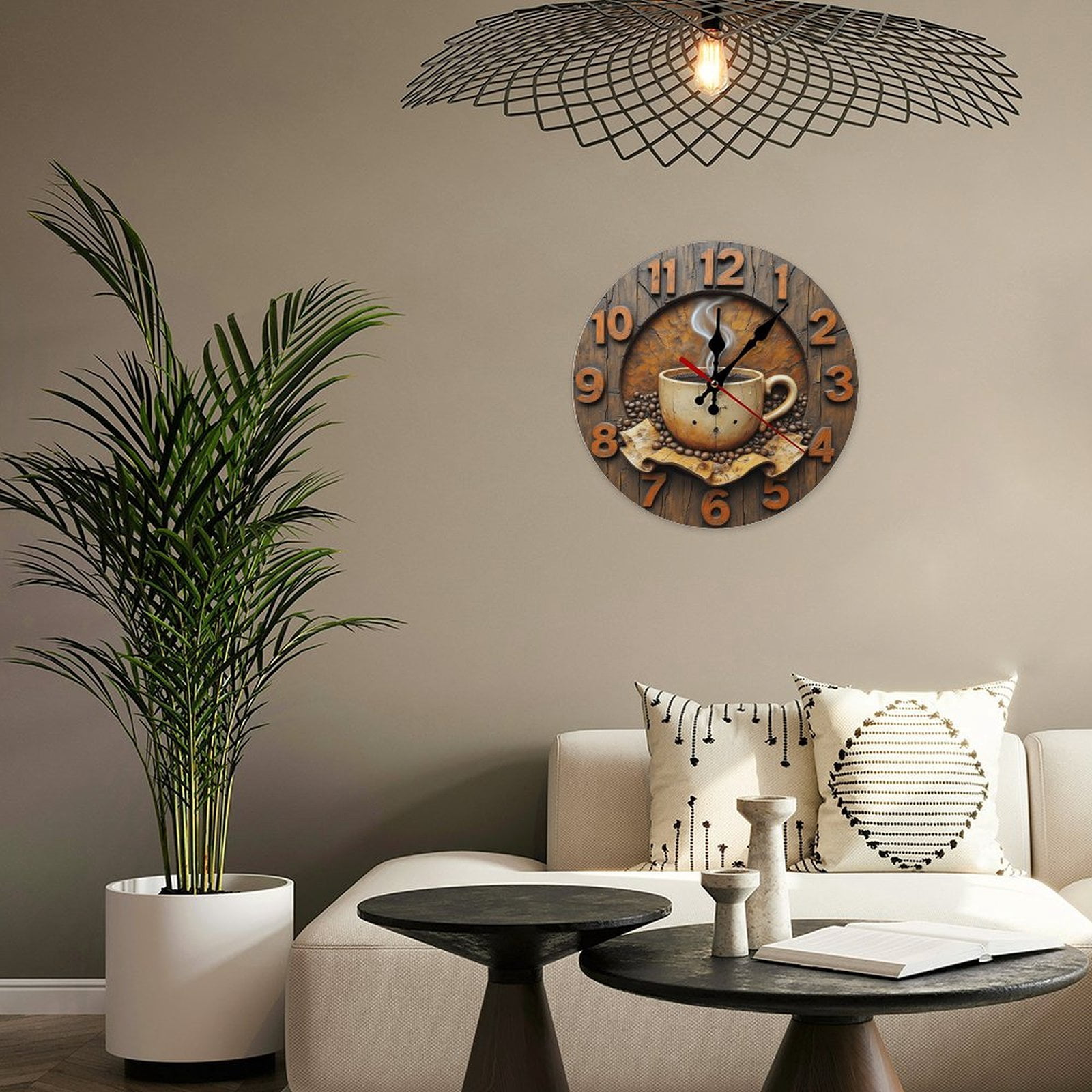 Wall Clock Decorative - Rustic Brown Coffee Cup Print 2D Vintage Wall Clocks Battery Operated Silent Non-Ticking for Bedroom, Living Room, Kitchen, Office, Classroom, 10 Inch