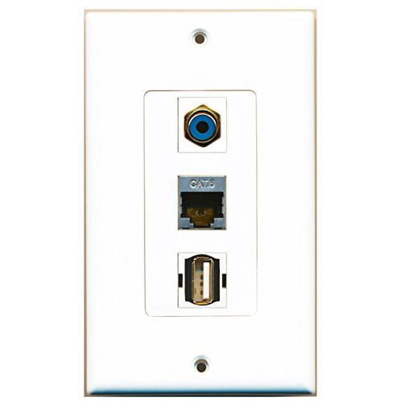 RiteAV - 1 Port RCA Blue and 1 Port USB A-A and 1 Port Shielded Cat6 Ethernet Decorative Wall Plate Decorative