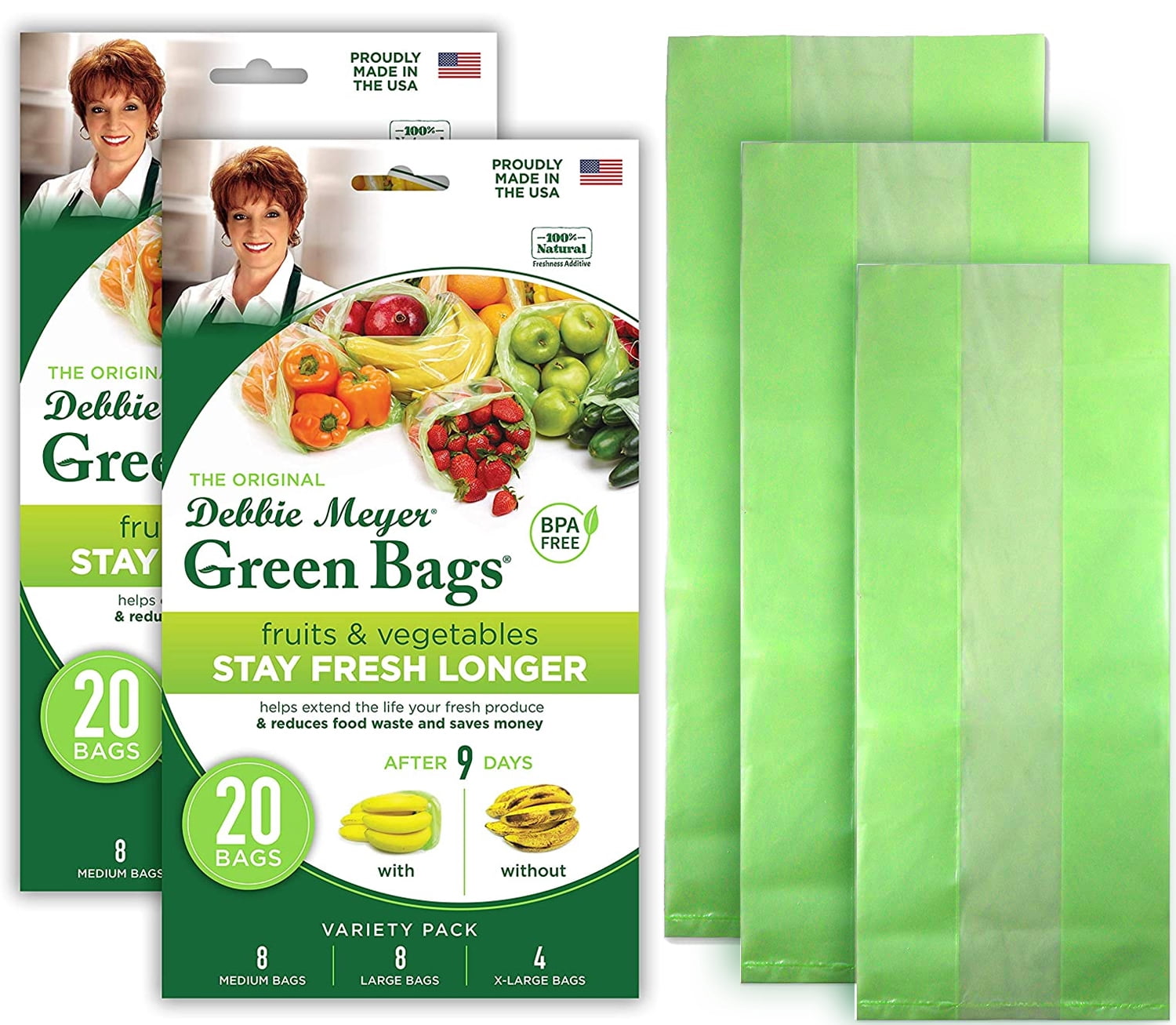 Debbie Meyer GreenBags 40-Pack (16M, 16L, 8XL) – Keeps Fruits, Vegetables, and Cut Flowers, Fresh Longer, Reusable, BPA Free, Made in USA