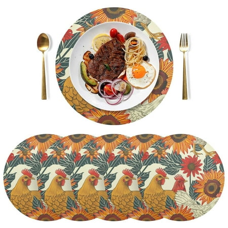 

joogoo Chicken and Sunflower Round Plate Mats for Dining Table Placemat Set of 6 Holiday Decoration