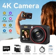 Deatti Digital Camera,FHD 4K Camera with Dual Screen 64GB SD Card ,Digital Point and Shoot Camera,18X Zoom,Anti Shake Portable Rechargeable for Boys Girls Kids, Black