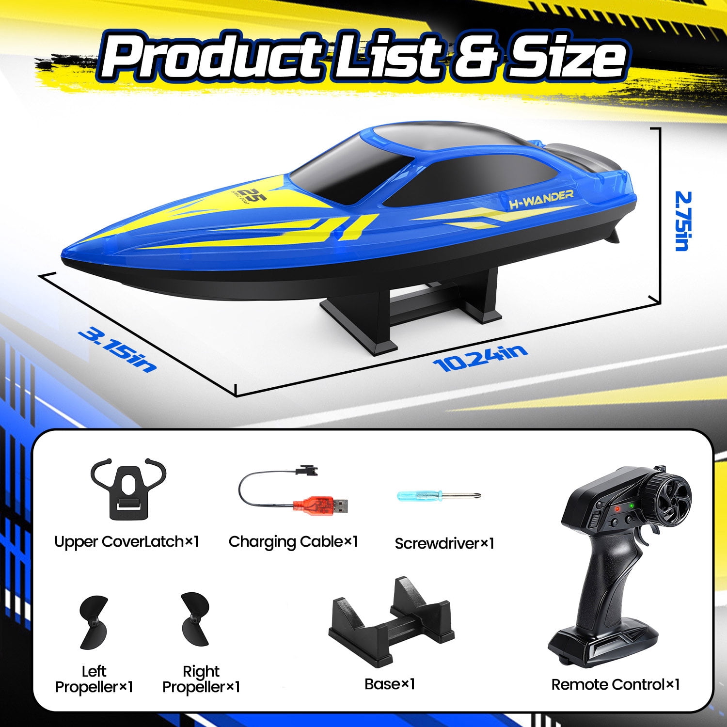 JoyStone 10 Inch RC Boat with 7-Mode Colorful LED Lights, 3 Speed Modes, 2 Batteries 60Mins, Pool Toys for Adults & Kids