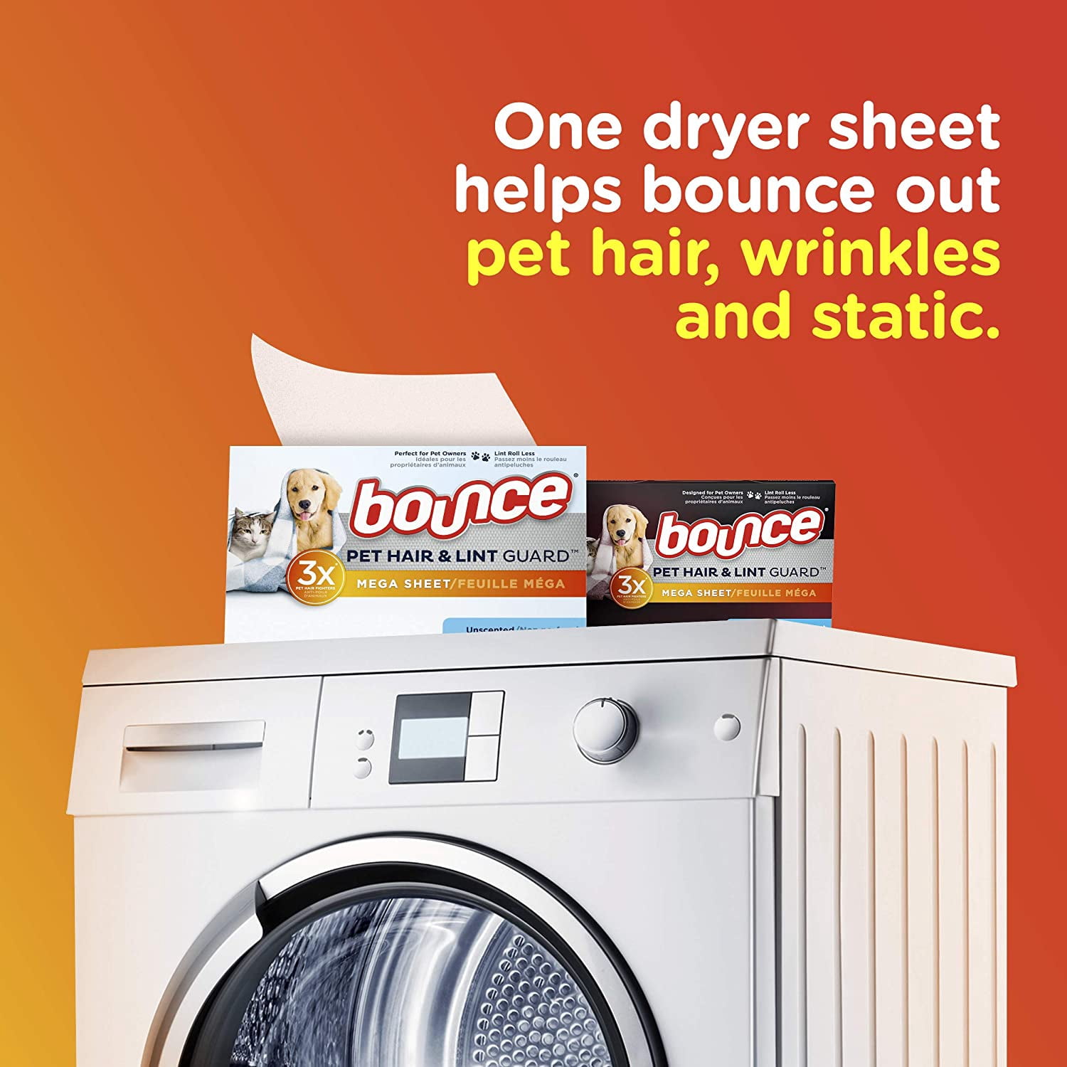 Bouce Pet Hair and Lint Guard Mega Dryer Sheets for Laundry, Fabric Softener with 3X Pet Hair Fighters, Unscented, Hypoallergenic, 120 Count