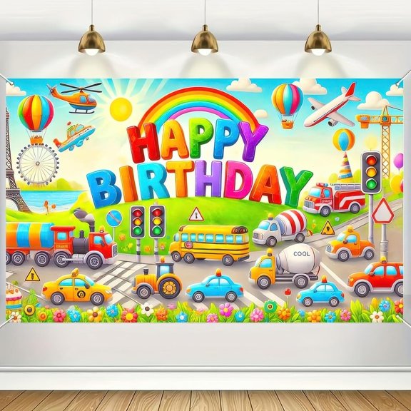 7x5FT Cute Happy Birthday Backdrop Colorful Cartoon Cute Car Happy Birthday Backdrop Boys Birthday Party Decorations Photography Supplies