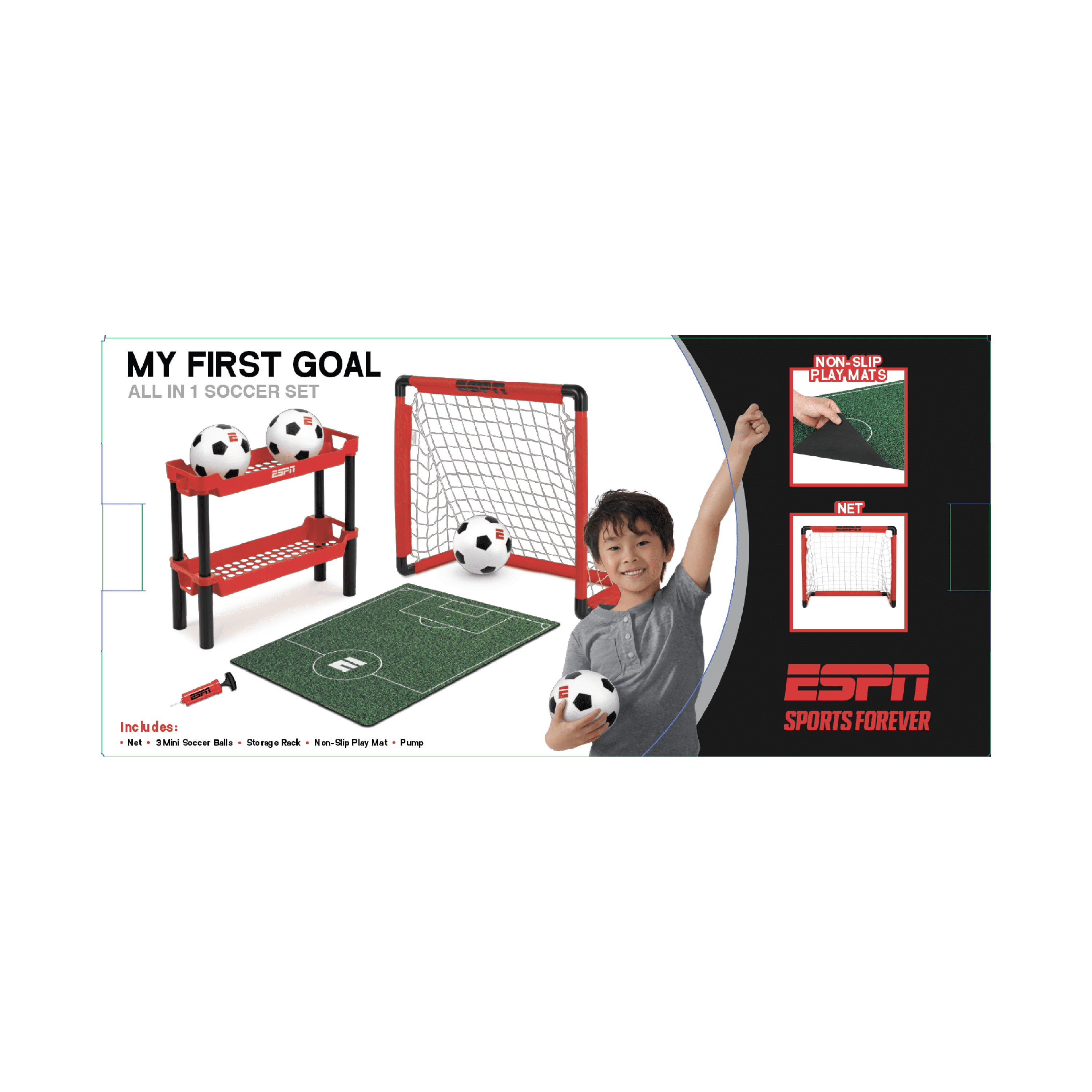 ESPN My First Soccer Goal Set for Kids Aged 3-5, Includes 3 Mini Soccer Balls, Storage Rack, and Play Mat