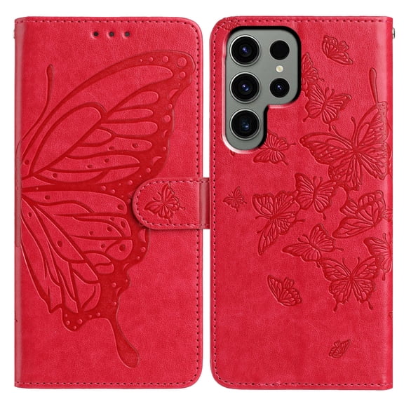 For Galaxy S25 Ultra Folio Wallet Case with Wrist Strap, Embossed Butterfly Pattern, Lightweight Protective PU Leather Phone Case with Credit Card/Cash Slots, Magnetic Closure, Red
