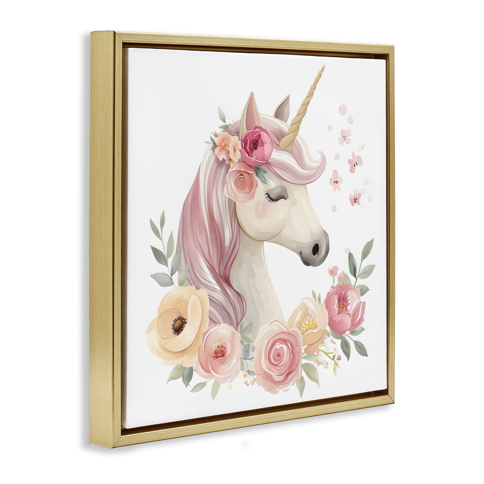 Stupell Industries Unicorn with Floral Wreath Gold Framed Floater Canvas Wall Art, design by Creative Studio
