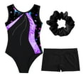 thumbnail image 6 of Venjoe Kids Girls 3 Piece Gymnastics Leotards Outfits Sparkling Ballet Dance Unitards with Shorts Purple&Black 14, 6 of 7