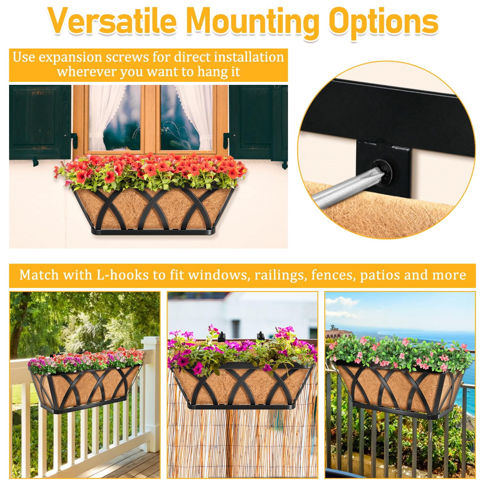 4 16inch Metal Railing Window Box Planter with Coco Liner