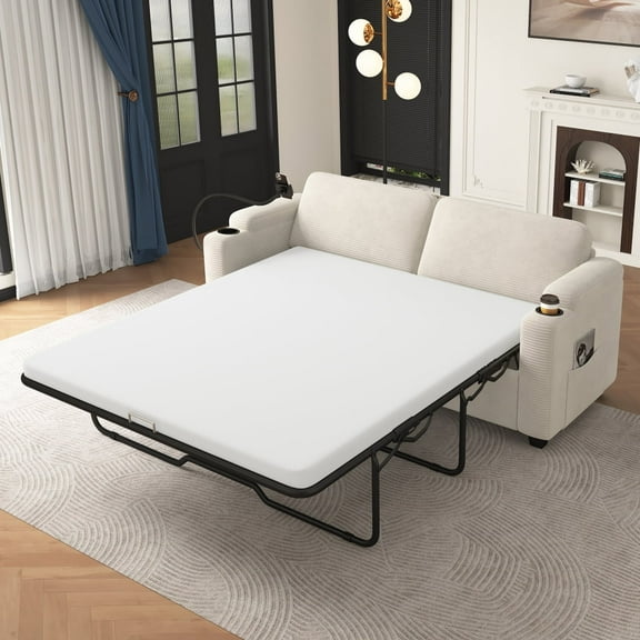 LUCKHAO 72.8" Corduroy Sleeper Sofa Loveseat Sofa with Pull Out Sofa Bed and Full Size Mattress, 2-in-1 Convertible Sleeper Couch with 2 USB Ports, 2 Cup Holders, 2 Side Pockets and Phone Holder