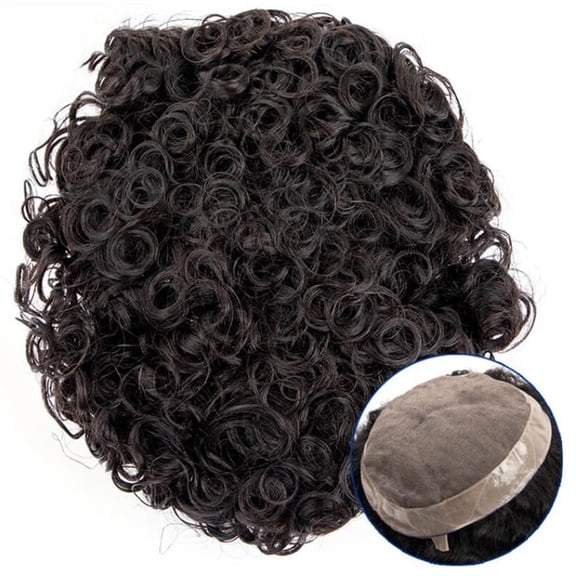 15/20/25mm Curly Hairpiece Fine Mono Top and PU Perimeter Male Hair Toupee Dark Brown Indian Hair 7" Hair Prosthesis Replacement Systems Men Wig
