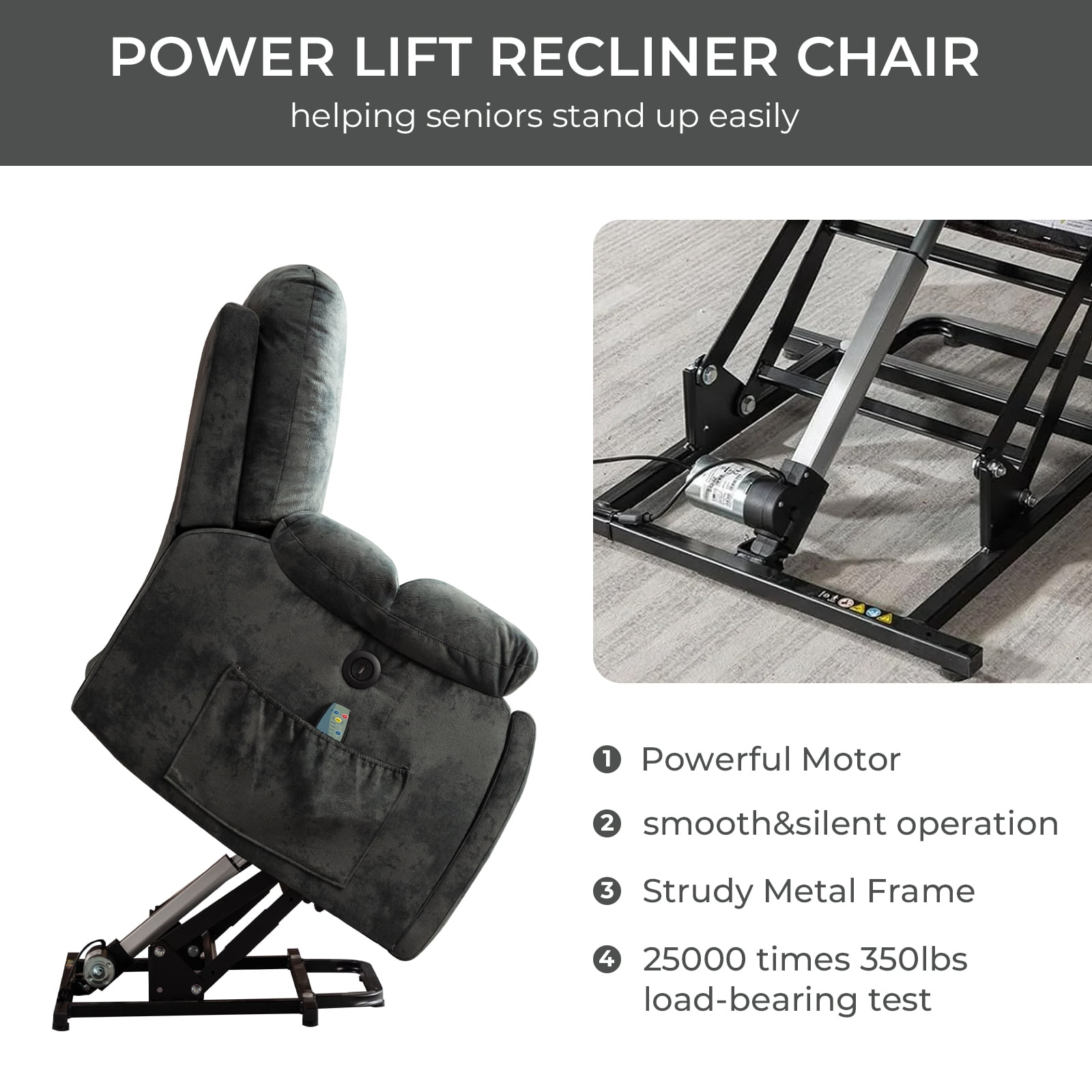 Ebello Large Power Lift Recliner Chair with Heat Massage, USB Ports - Ergonomic Recliner Chair for Elderly, Greenish Gray