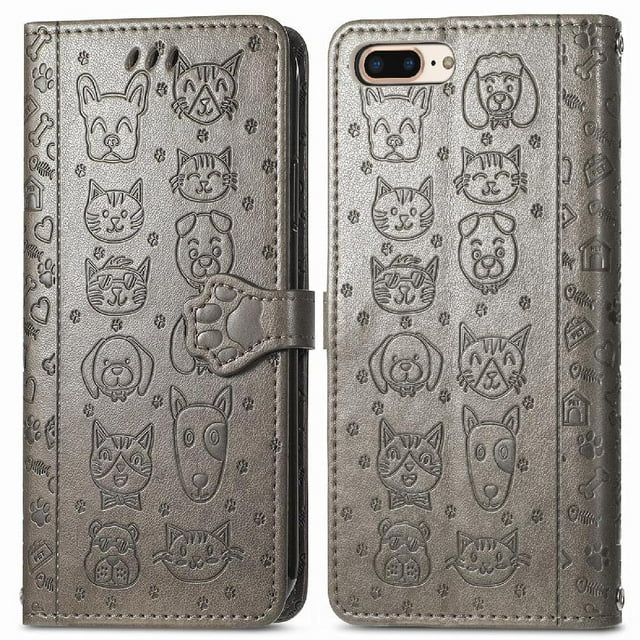 Funda Cartera FOXDOCK para iPhone 8 Plus/7 Plus , Flip PU con Relieve de Gatos y Perros, Tarjetero y Soporte