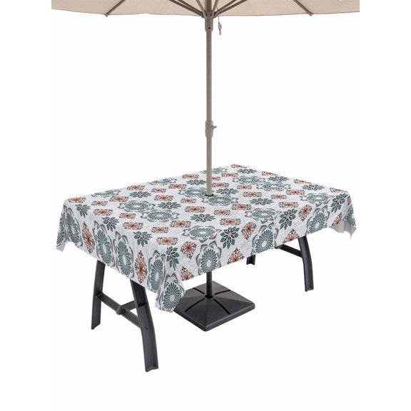 Outdoor Tablecloth with Umbrella Hole, Teal Red Floral Waterproof Outdoor Table Cover, Ethnic Boho Modern Geometric Abstract Art Patio Tablecloths for Party Picnic Camping, Rectangle 54"x80"