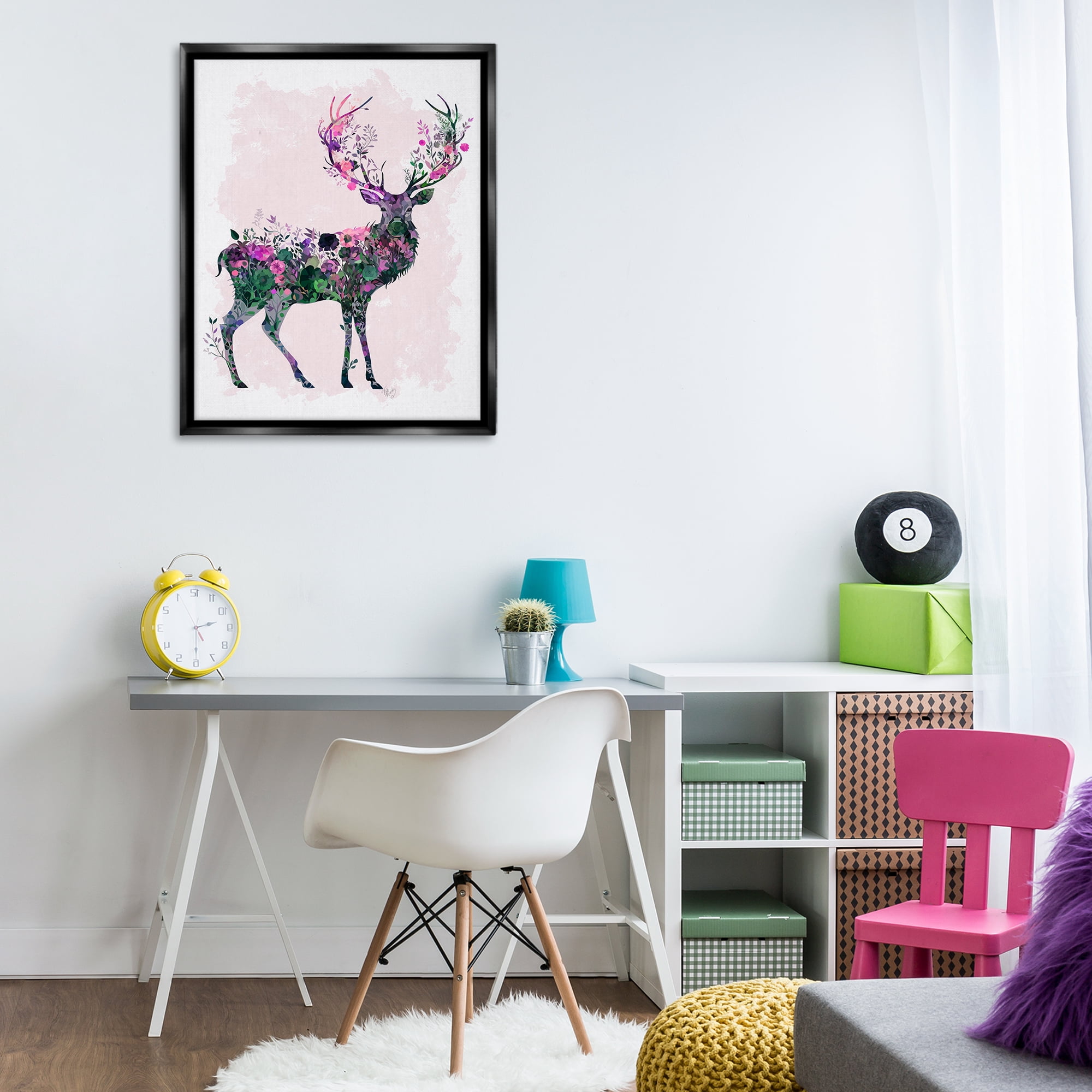 Stupell Industries Wildflower Patterned Deer Animals & Insects Painting Black Floater Framed Canvas Art Print Wall Art, 25 x 31