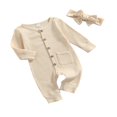 thumbnail image 2 of POINTERTECK 2Pcs Baby Girls Outfit Solid Color Single-breasted Long Sleeve Romper with Pocket Headband Fall Outfits Set, 2 of 6