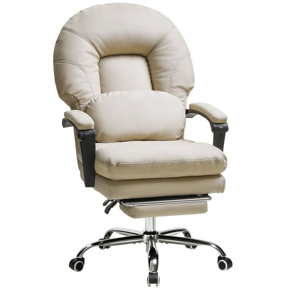 Lumovita Big and Tall Ergonomic Office Chair Computer Desk Chair - Home Desk Chair with Footrest, High-Back Swivel PU Leather Executive Office Chair (Beige)