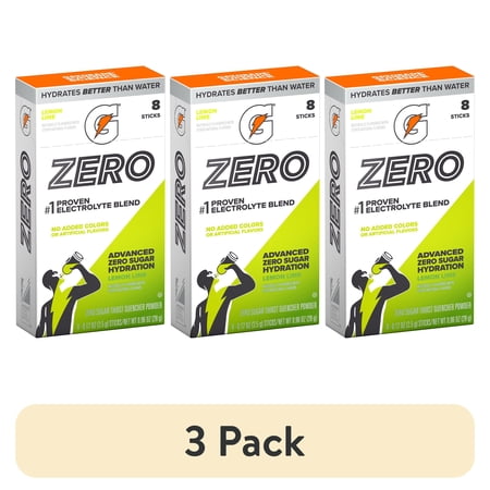 (3 pack) Gatorade Zero Sugar Lemon Lime, On the Go Packs, Electrolyte Powder Drink Mix, 0.12 oz, 8 Sticks