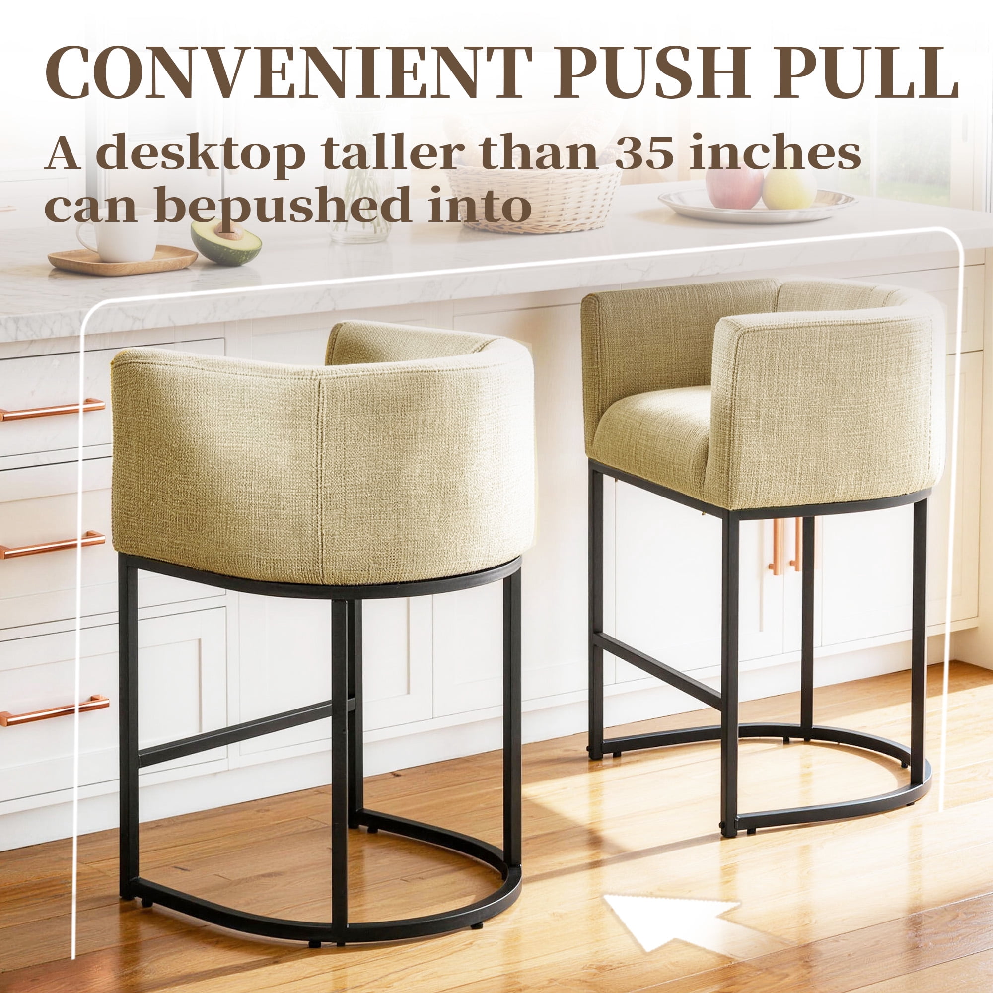 CRERIYO 26" Counter Height Bar Stools Set of 4, Fabric Upholstered Modern Barrel Bar Chairs with Metal Frame, Camel