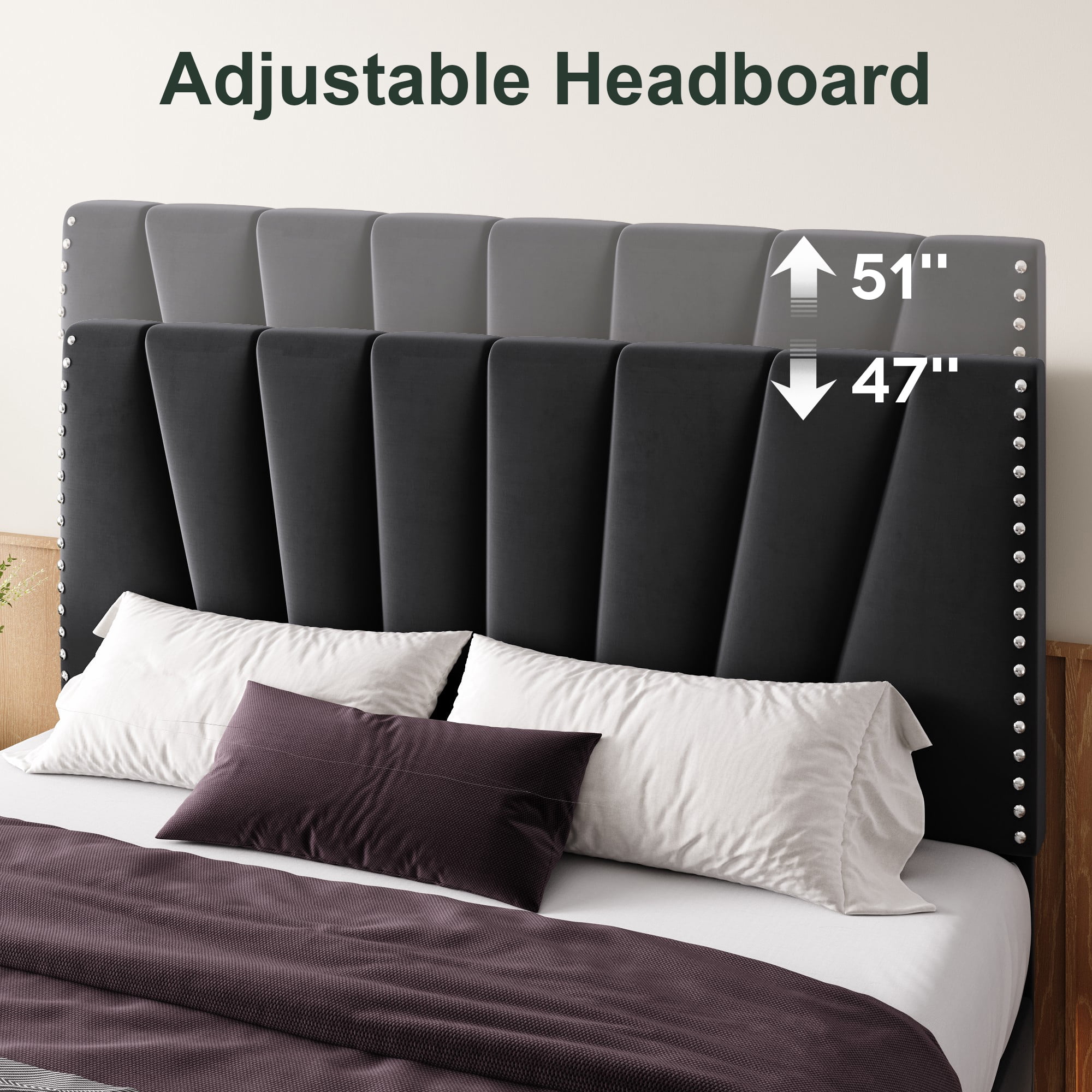 Einfach King Size Premium Velvet Upholstered Platform Bed Frame with Adjustable Headboard,Under-Bed Storage,Heavy-Duty Metal Support, Noise-Free Slats, Black