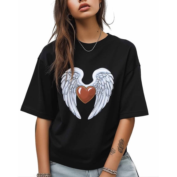 T Shirts for Women Short Sleeve Cotton Crewneck T-Shirt, Abstract Angel Wings Heart Tee Tops Casual Basic T-Shirts, XS-5XL Black M