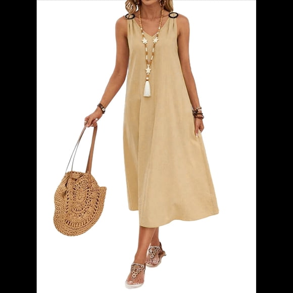 Vestidos para Mujer Verano Sin Mangas Cuello en V Algodón Playa Casual Vestido Caqui L