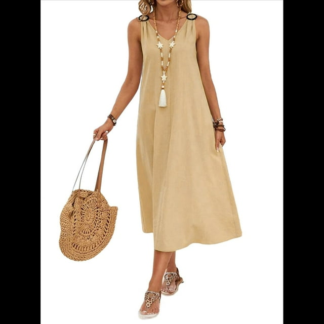 Vestidos para Mujer Verano Sin Mangas Cuello Algodón Playa Casual Vestido Caqui XXL