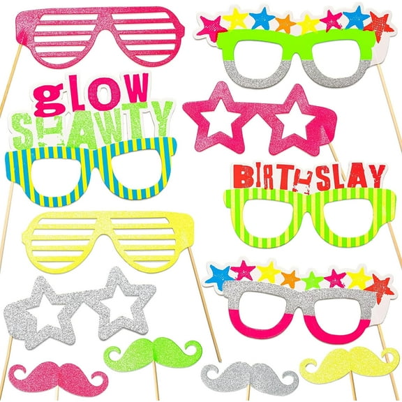 Cheerland 12-Piece Neon Theme Birthday Photo Booth Props with Moustaches and Glasses