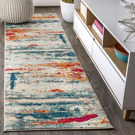 JONATHAN Y CONTEMPORARY POP 2 x 8 Runner Rug, Modern Abstract Brushstroke - Cream/Blue, CTP102C-28