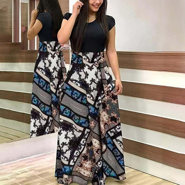 Puntoco Falda Larga Estilo Resort Con Estampado Patchwork De Manga Corta Para Mujer Gris S,Regalos Para Mujer Joven