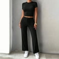 thumbnail image 5 of Costeam Womens Solid Color Crew Neck Short Sleeve Top and Long Pants Two Piece Matching Set with Side Pockets Elastic Waist Loose Fit Daily Casual Sport Loungewear Outfit, 5 of 6