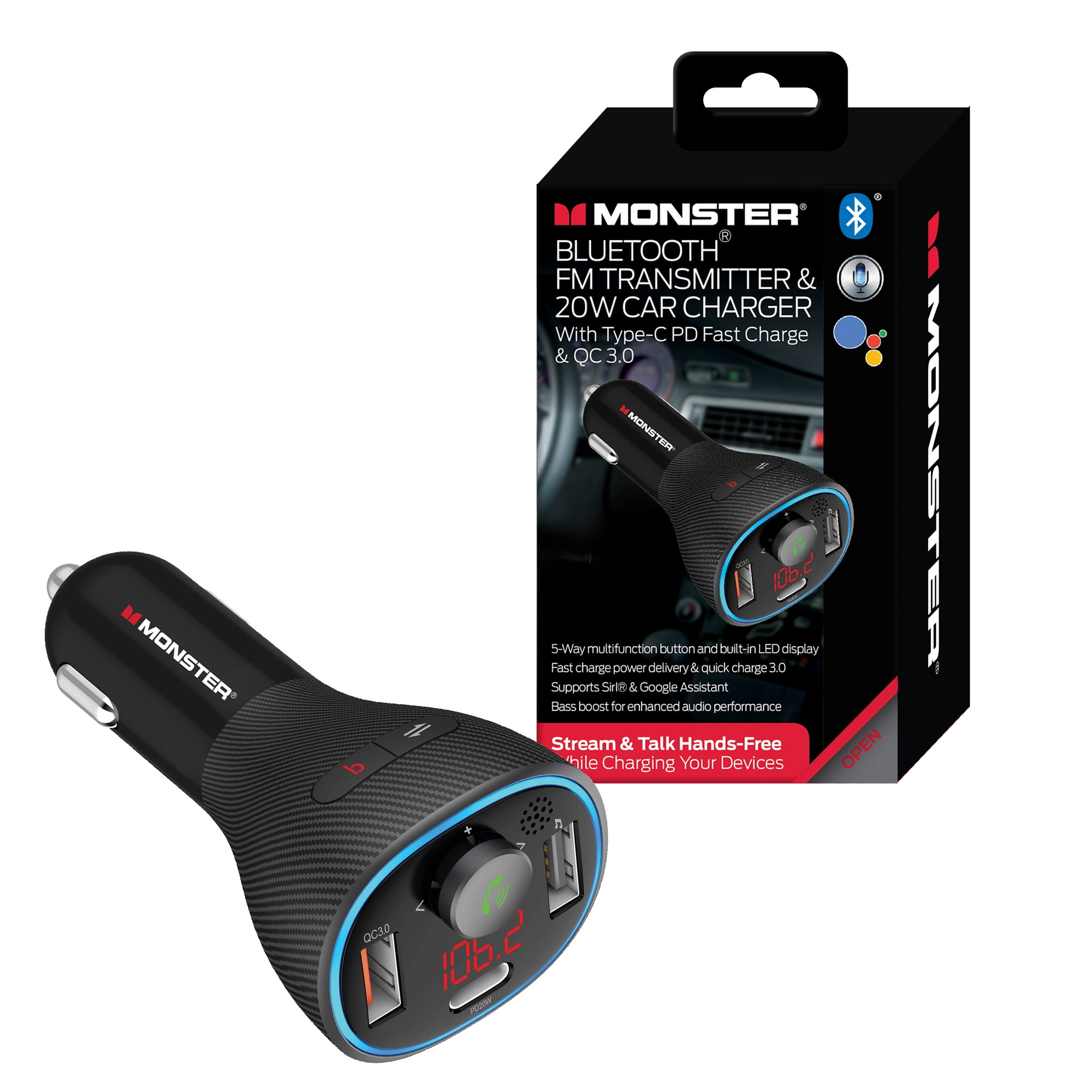 Monster Bluetooth FM Transmitter with Dual Charging, 20W PD Type-C and QC 3.0 USB