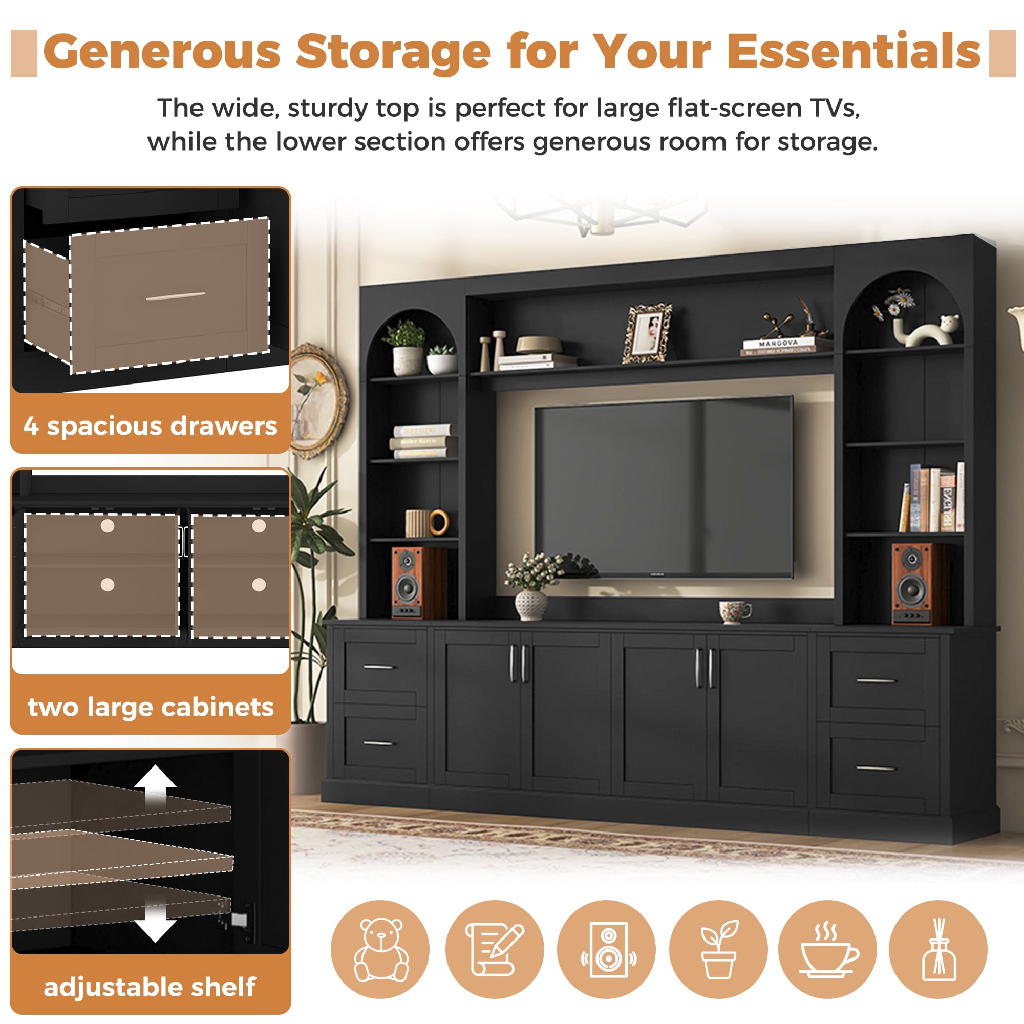 4 Piece Wall Unit TV Stand for TVs up to 65", Modern Entertainment Center with Bookshelf, Wine Cabinet, Display Storage, Multifunctional All-in-One TV Console Table for Living Room,Black