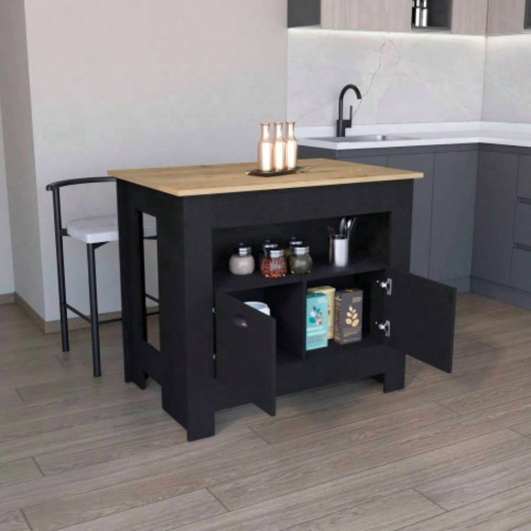 35 Inch High Kitchen Island, 2 Closed Doors & 3 Interior Shelves, Black & Macadamia Finish, Spacious Storage