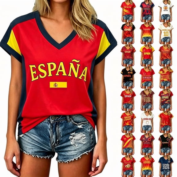 2026 Soccer Game Day Women V Neck Soccer Top Spain National Team Fan Apparel Casual Short Sleeve Match Outfit Shirt