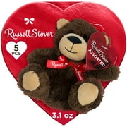 RUSSELL STOVER Valentine's Day Plush Bear with Red Foil Heart Assorted Milk & Dark Chocolate Gift Box, 3.1 oz. (5 pieces)