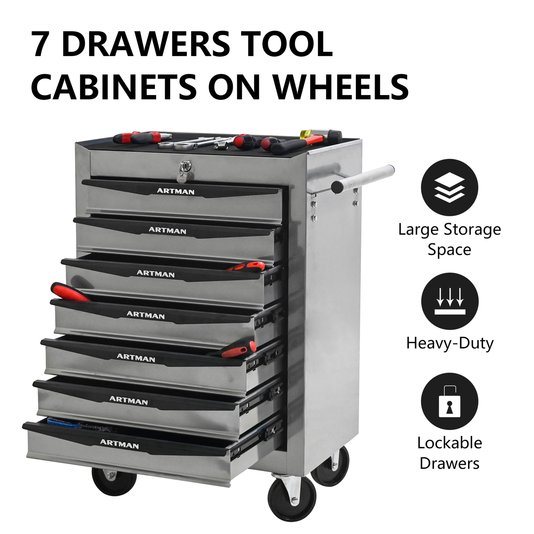 Noble House 7-Drawer Mobile Steel Tool Organizer with Key Lock, Ball Bearing Slide Storage Cabinet Box, Silver