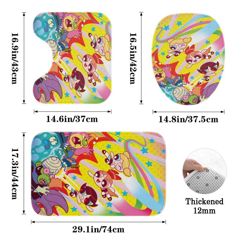 Lheaggik Cartoon Powerpuff Girl 4 Pcs Bathroom Sets with Shower Curtain and Rugs, Waterproof Polyester Shower Curtain Sets with Hooks