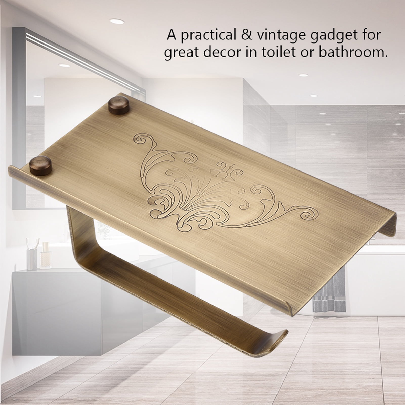BIMZUC Antique Vintage Brass Toilet Bathroom Paper Holder Wall Mounted Tissue Dispenser with Phone Storage Shelf Home Bathroom Organization Accessories Bronze Color