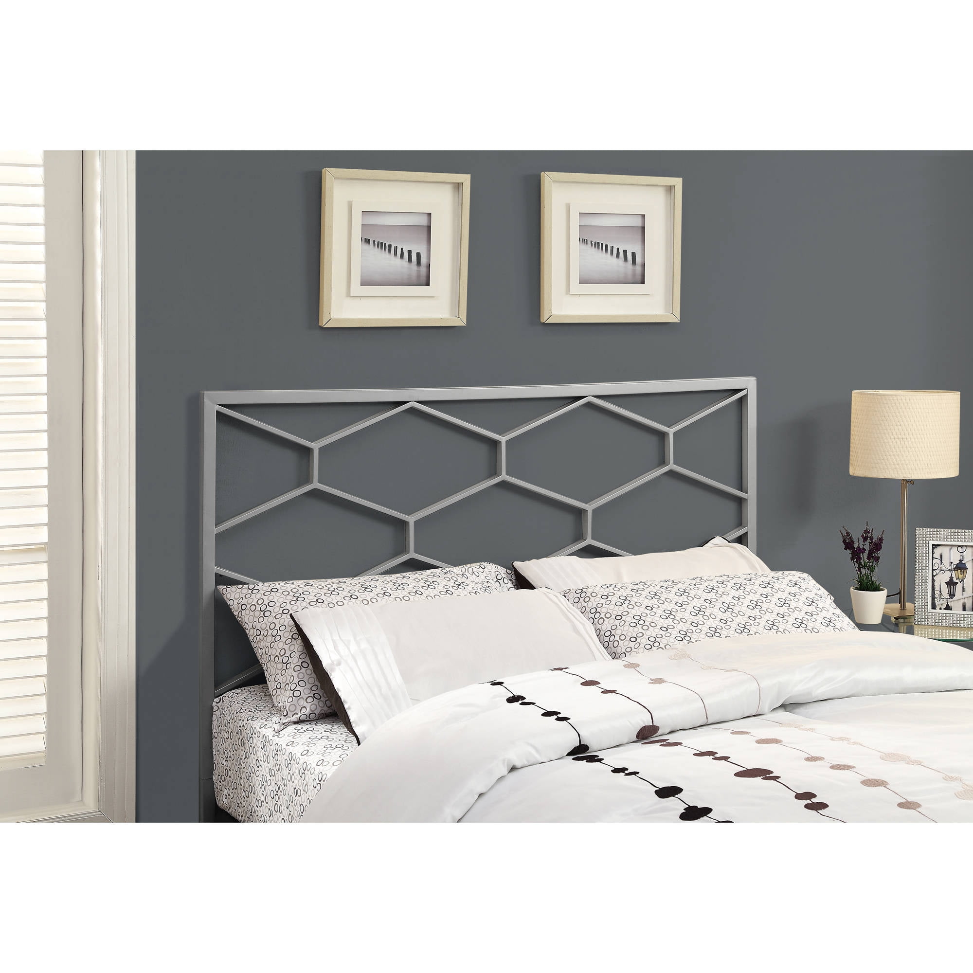 Full Queen Size Silver Gray Grey Honeycomb Metal Headboard Bed Frame Mounted 