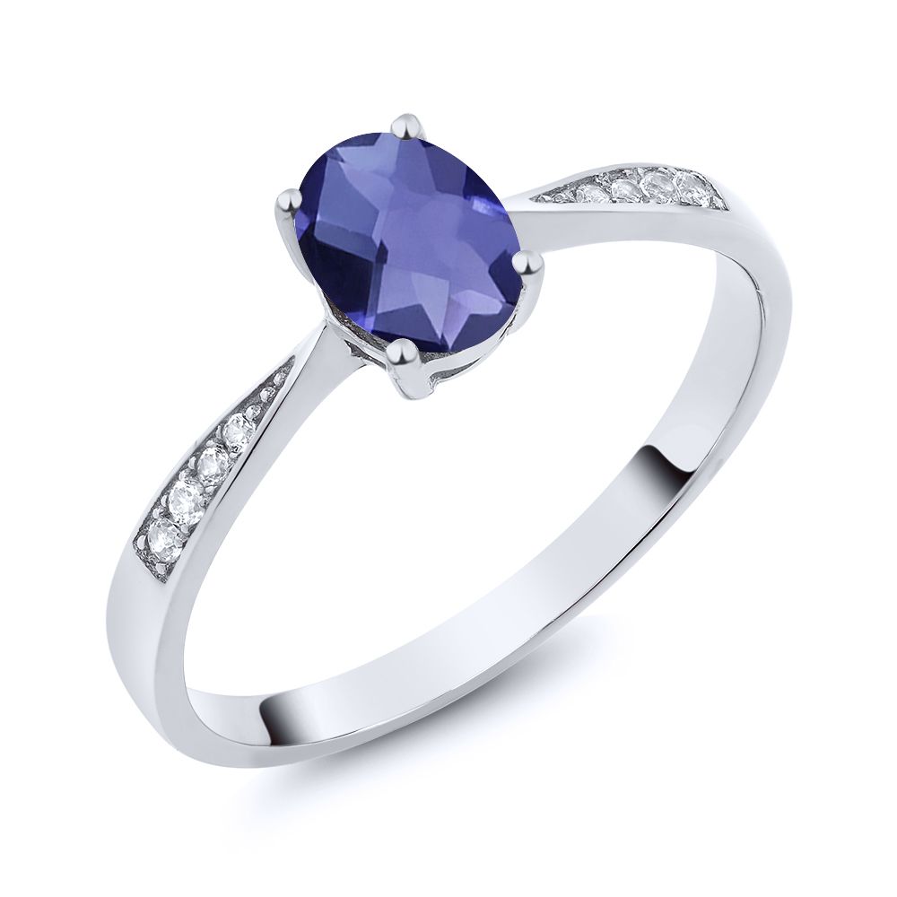 Gem Stone King 10K White Gold Blue Iolite and White Diamond Engagement Ring for Women (0.71 Cttw, Gemstone Birthstone, Oval Checkerboard 7X5MM, Available in Size 5, 6, 7, 8, 9)