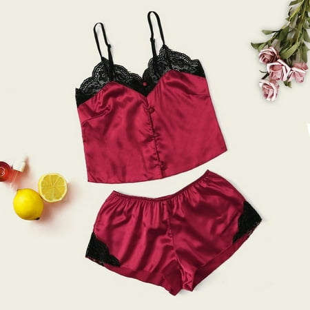 

Cute Women V-Neck Lace Satin Buckle Camisole Pajamas Shorts Lingerie Sleepwear