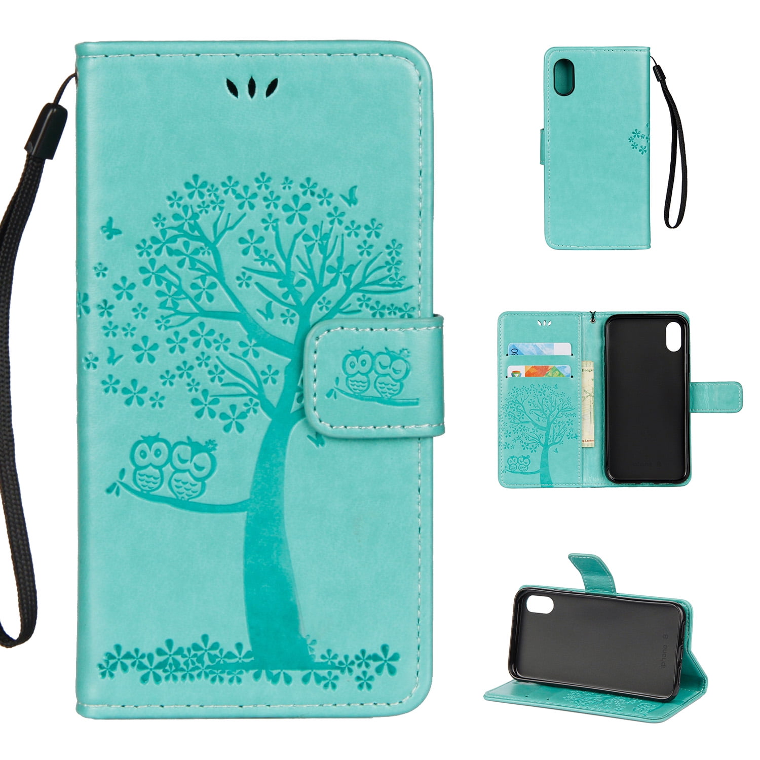 iPhone XR Wallet case, Allytech Pretty Retro Embossed Owl Flower Tree