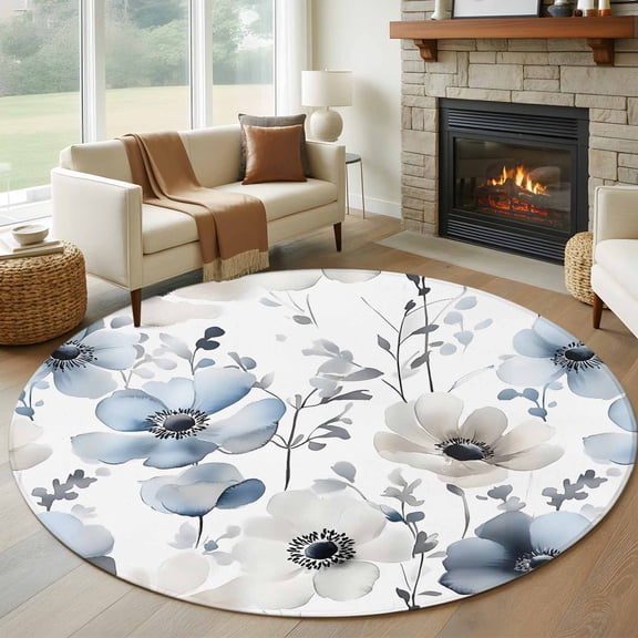 Round Rugs 5Ft, Blue Grey Spring Floral Round Area Rug Washable Indoor Throw Carpet, Summer Flowers Botanical Soft Non Slip Circle Rug for Cabinet Bathroom Home Decor Aesthetic
