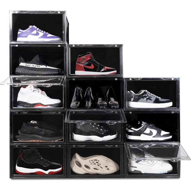 OLLIE XL Shoe Storage Boxes – Foldable and Stackable Shoe Storage Organizer for Closet – Clear HardFor Up to Size 13 – Acrylic Shoe Box Storage Containers for Jordan, Sneakers, Boots (12-Pack, Black)