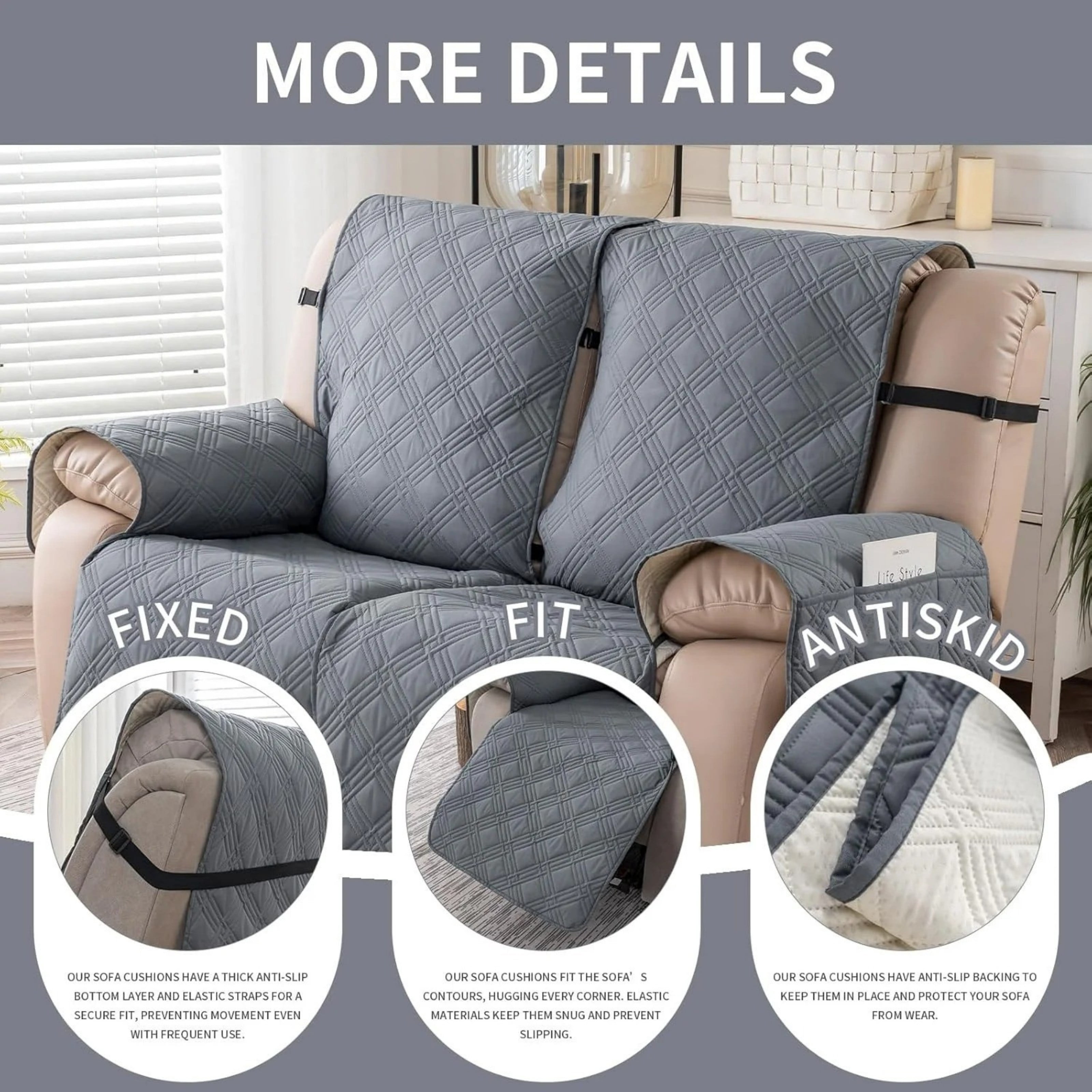 Lavish Cover 100% Waterproof Recliner Loveseat Cover, 2 Pieces Non-Slip Recliner Couch Slipcovers, Washable Furniture Protector with Pockets & Elastic Straps for Kids Pets, 2 Seaters, Light Gray