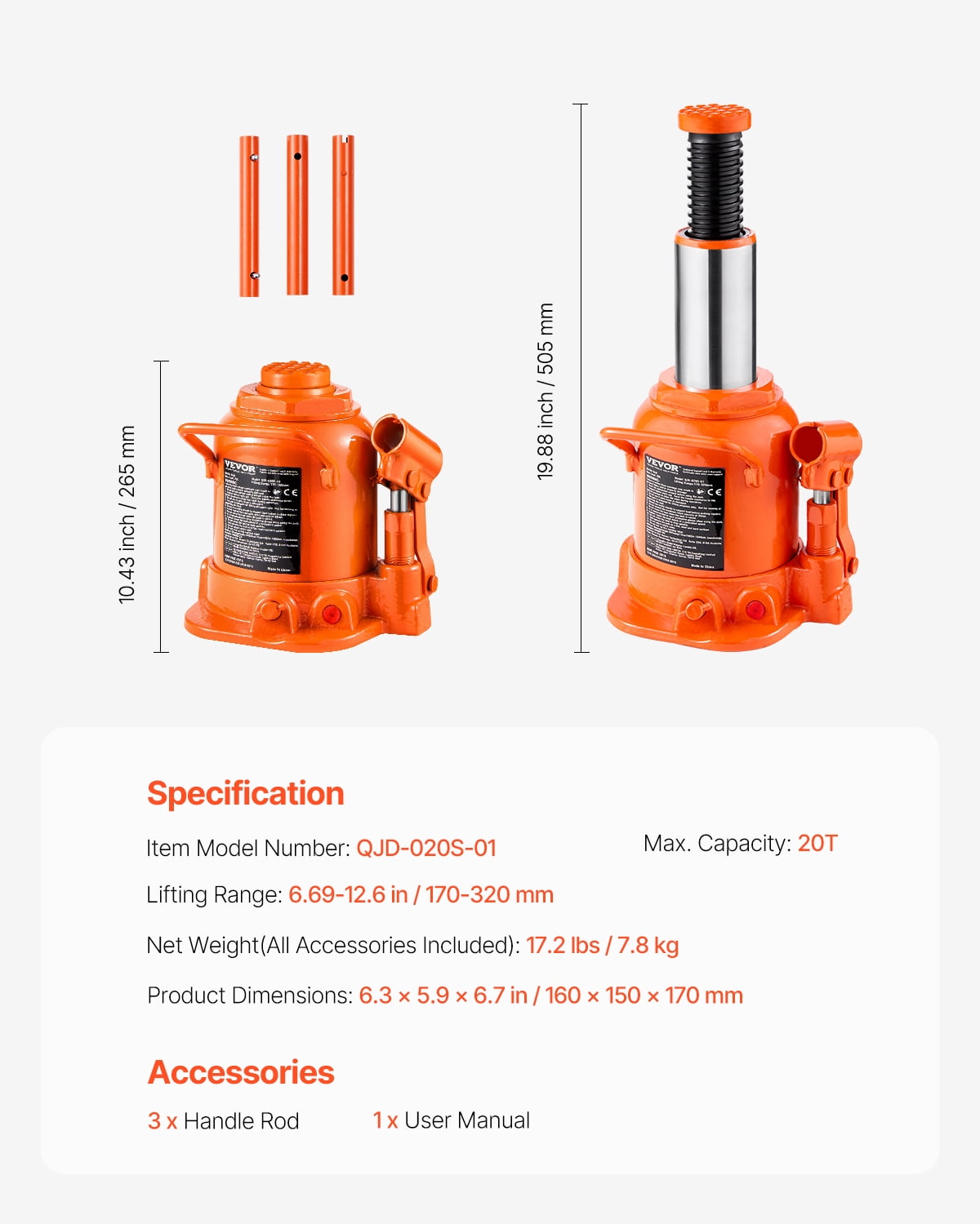 VEVOR Hydraulic Bottle Jack, 20 Ton/44092 lbs Welded Bottle Jack with 6.69''-12.6'' Lifting Range & 3-Section Long Handle