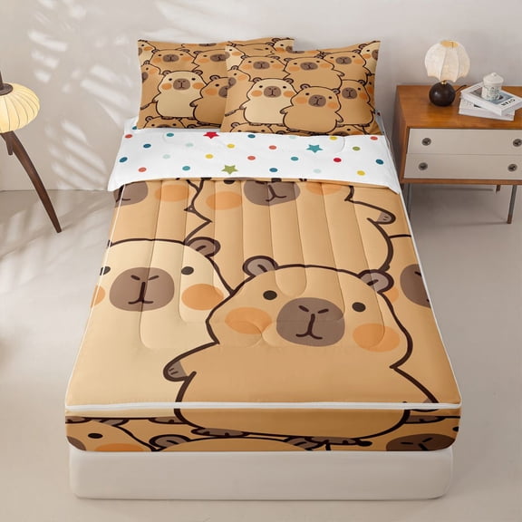 Manfei Kawaii Capybara Zipper Twin Comforter Sets with Fitted Sheet and 2 Pillowcases,Cute Animal Pattern Zipper Bedding Set,Brown,Polkadot Reversible,4pcs